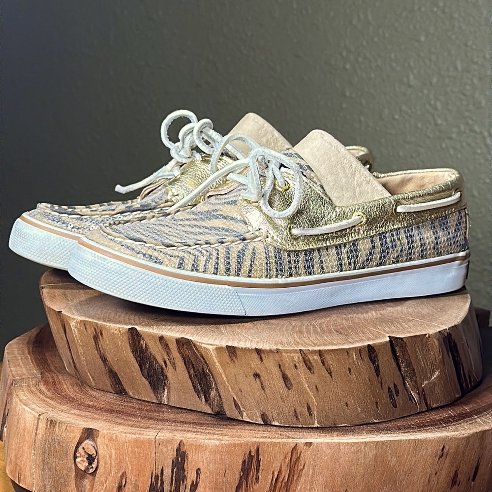 SPERRY Women’s Bahama Gold/Brn Zebra Sequins - Picture 2 of 16